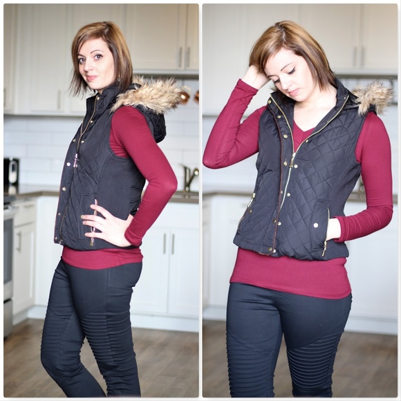 AJ's Threads Jackets & Blazers - Faux Fur Trimmed Black Quilted Vest